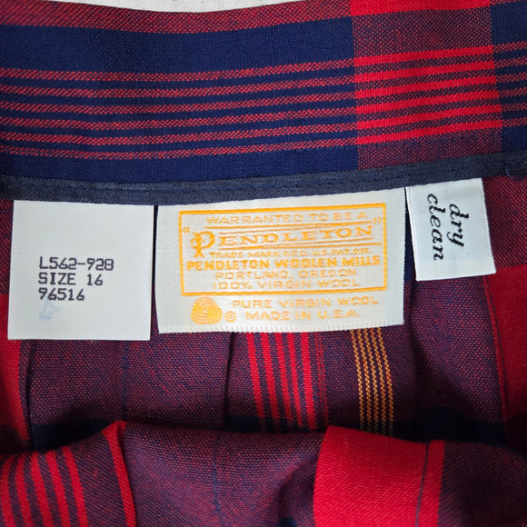 1970s Vintage Pendleton Red Navy Tartan Plaid Wool Midi Pleated Skirt Size 16 - Picture 4 of 7